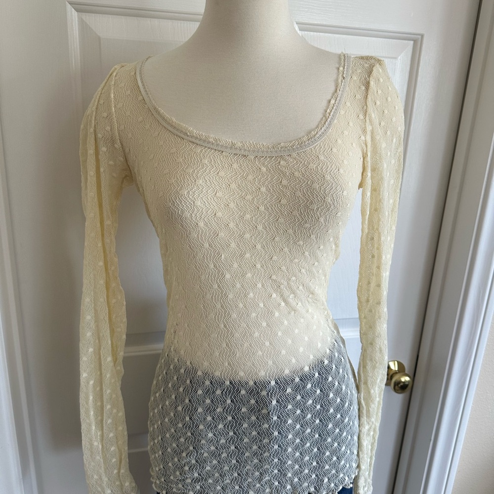 Free People Cream Lace Long Sleeve Scoop Neck Top